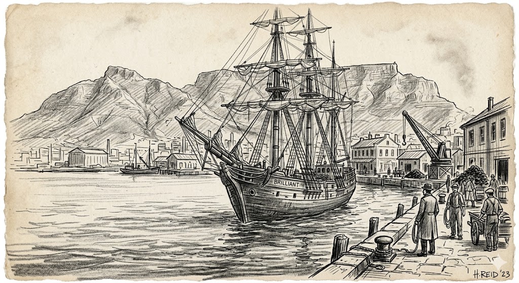 AI Generated Depiction of the Ship Brilliant arriving in Cape Town in 1817